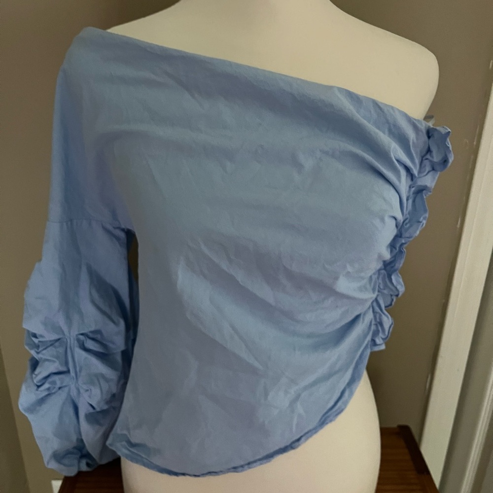 Bershka Blue One Shoulder Puff Sleeve Top